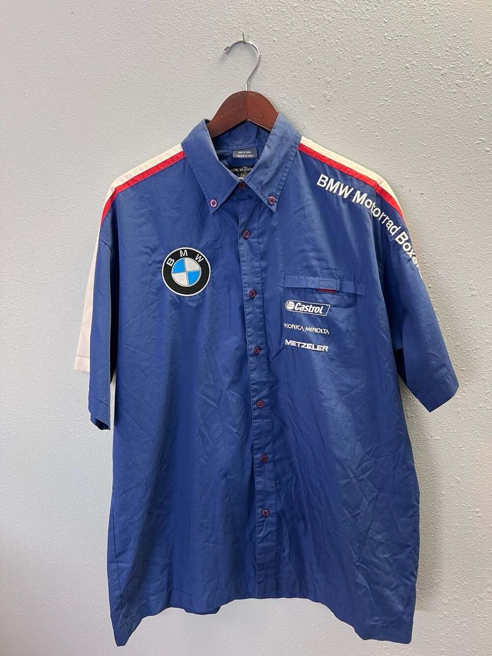 Vintage BMW Motorrad Boxer Cup Racing Pit Shirt Mens Lrg Short Sleeve Blue 0555